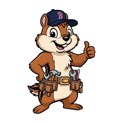 Chippy the cartoon chipmunk mascot wearing a baseball cap and leather tool belt, giving a cheerful thumbs-up gesture, representing guaranteed quality service and satisfaction.