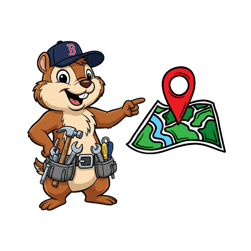 Chippy the cartoon chipmunk mascot wearing a tool belt, pointing to a stylized map icon marked with a red location pin, symbolizing service coverage and local expertise.