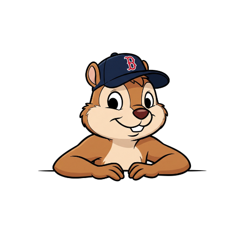 Cartoon chipmunk handyman mascot wearing a baseball cap with a red 'B' logo, looking over a ledge or counter, smiling directly at the viewer.