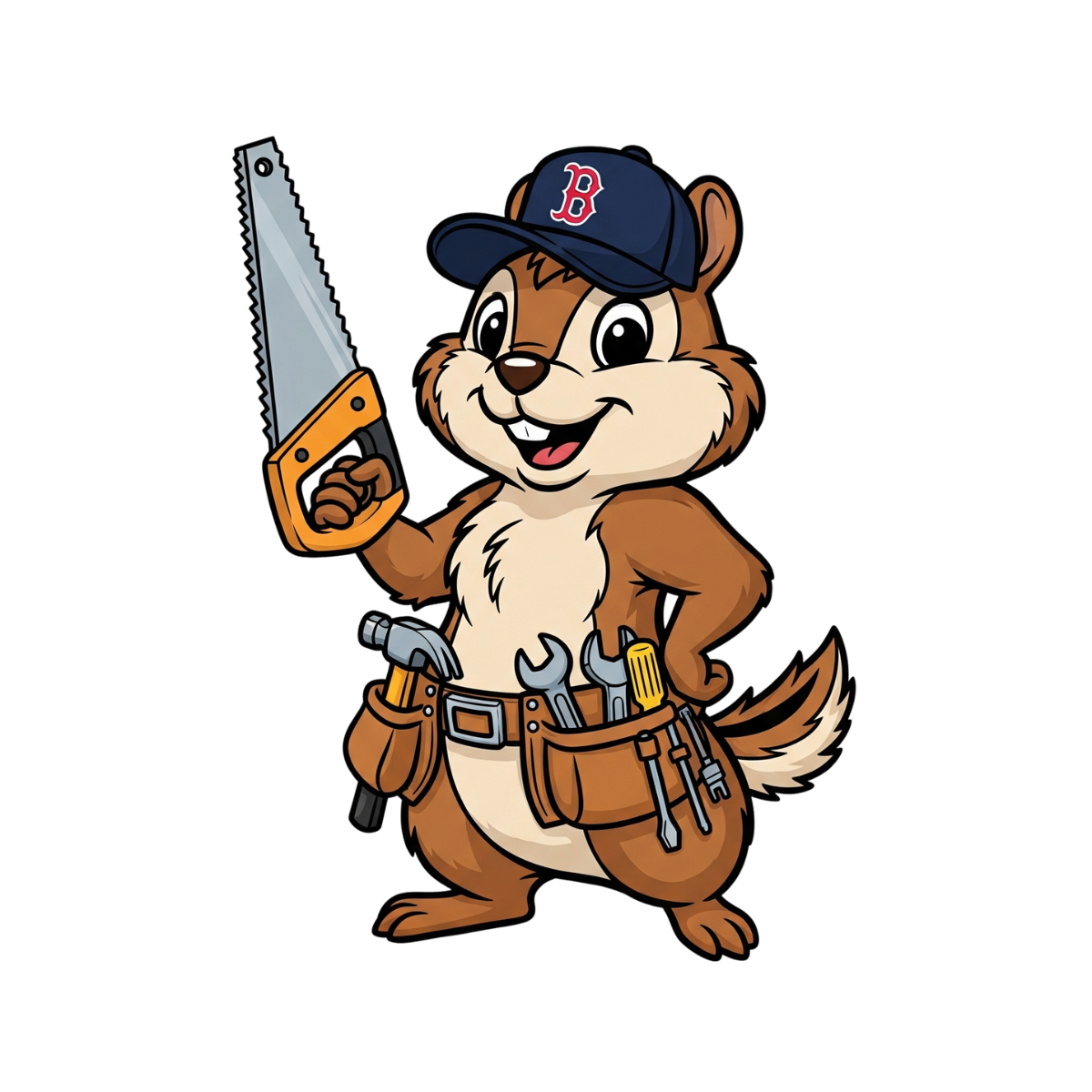 Cartoon chipmunk mascot wearing a blue baseball cap, a leather tool belt full of tools, and confidently holding a hand saw, symbolizing carpentry and home repair services.