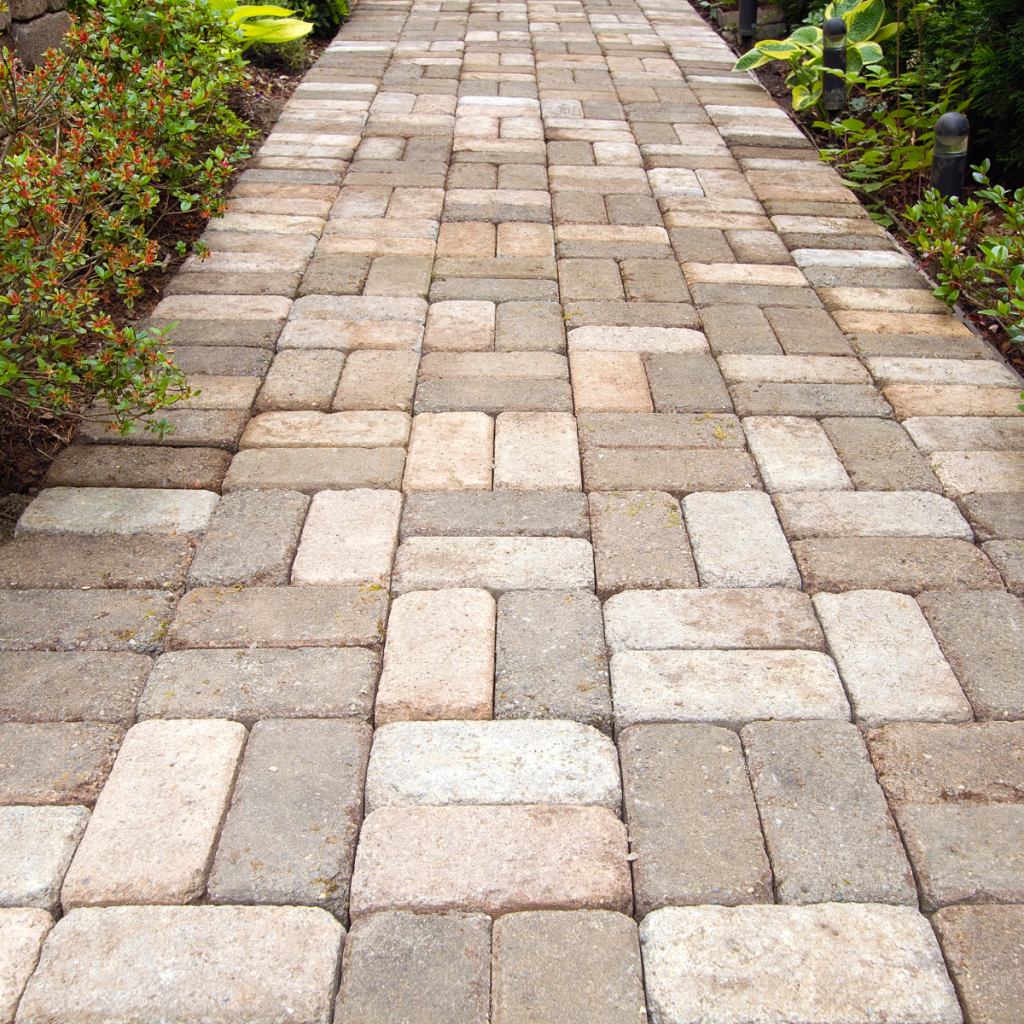 Residential walkway constructed from rectangular interlocking concrete paver stones laid in a running bond pattern, flanked by garden beds and low-growing shrubs.
