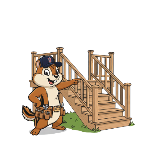 Cartoon chipmunk mascot wearing a tool belt pointing to wooden deck stairs and railing, representing deck repair services in NH.