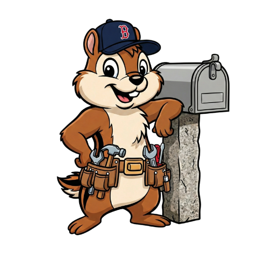 Friendly chipmunk handyman leaning on a grey vinyl mailbox post, representing mailbox installation services.