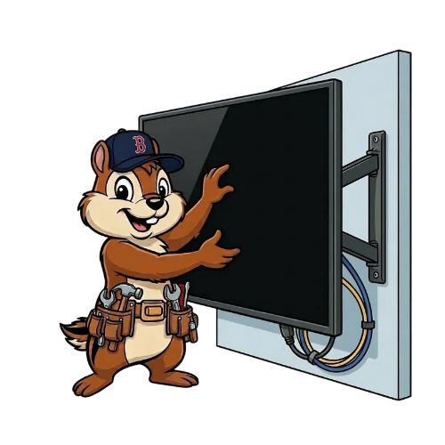 Chippy the Handyman mascot mounting a flat screen TV in New Hampshire.