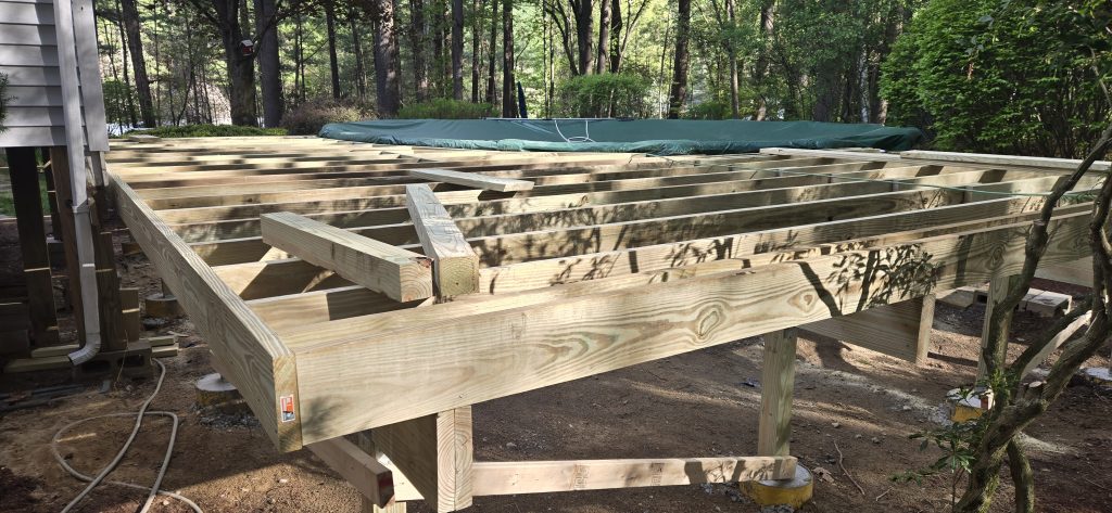 Wood frame of a custom pool deck