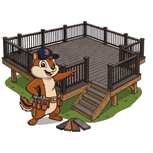 The cartoon chipmunk mascot for Chippy's Handyman, wearing a toolbelt and a Boston baseball hat, pointing proudly at a custom-built composite deck in New Hampshire.