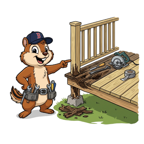 Chippys Mascot pointing to a deck that has deck rot.
